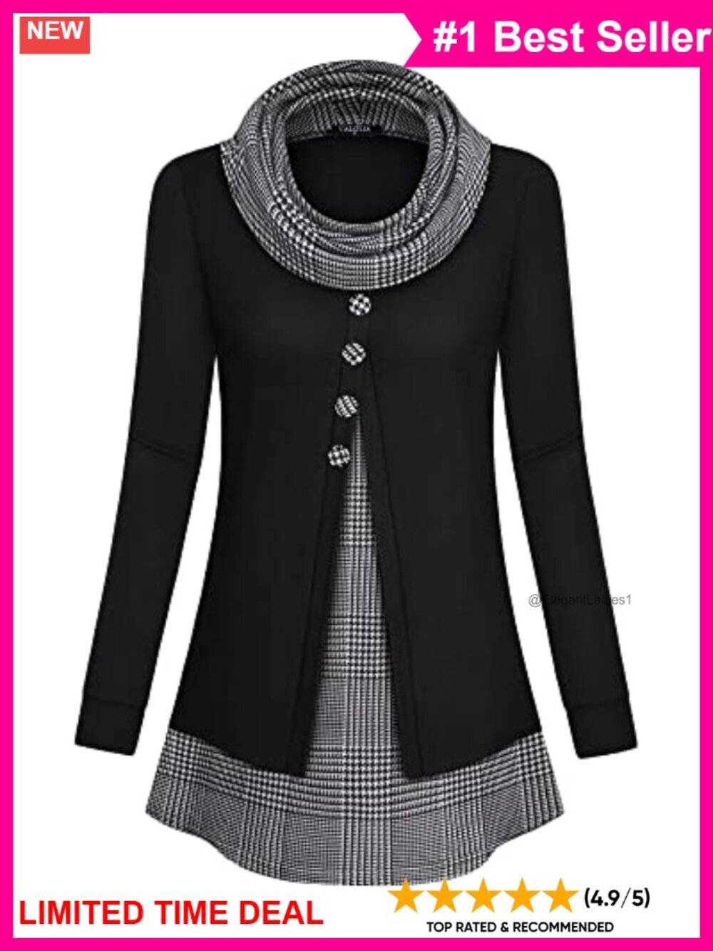 Womens Cowl Neck Long Sleeve Tunic Top Button Casual Loose Knit Shirt